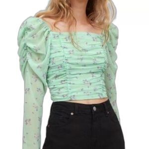H&M Divided Pastel Mint Floral Chiffon Puff Sleeve Peasant Blouse Top Size S